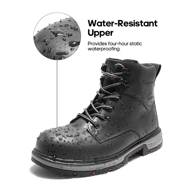 Men's Water-Resistant Steel Toe Leather Work Boots - BLACK - 1
